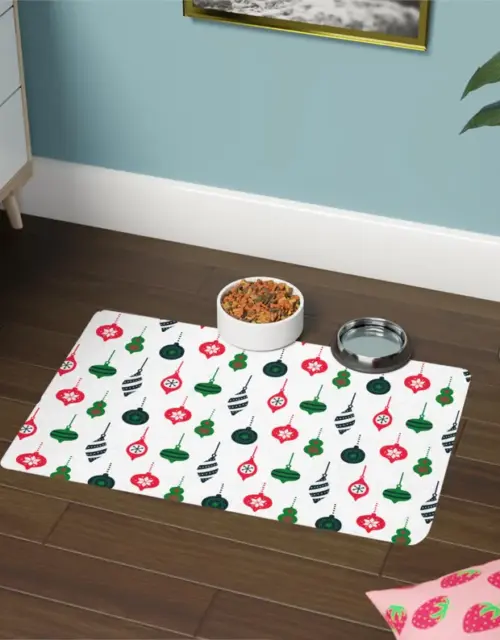Festive Bauble Pet Food Mat | 12x18" | Pet Accessories | Dog & Cat Mat | Holiday Pet Decor | Gift for Pet Lovers | Easy to Clean | Polyester