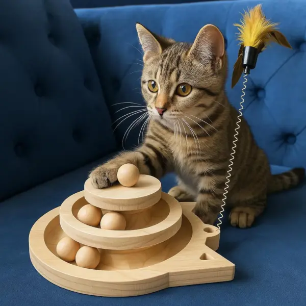 Wooden Cat Toy Tower | Interactive Solid Wood Cat Track Toy